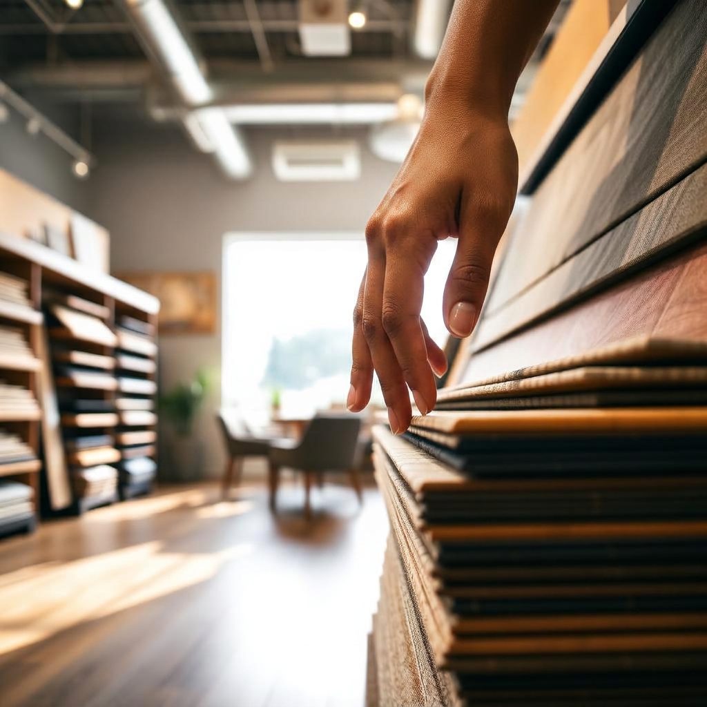 Ruka vyberajúca vzorky vinylovej podlahy v showroome